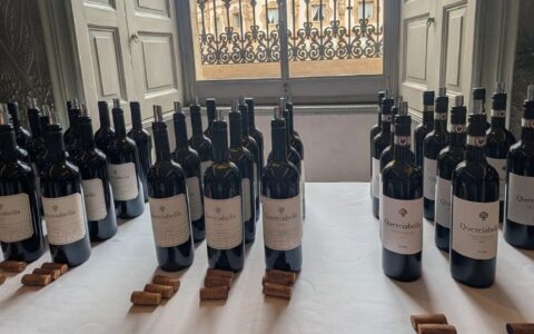 Schieramento di bottiglie Querciabella: dalle IGT storiche parcellari alle nuove etichette di Querciabella Gran Selezione 2021 assaggiate da Cracco.