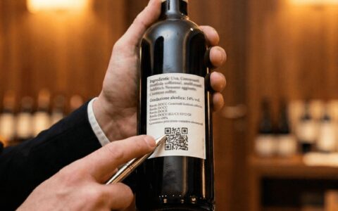 Un sommelier analizza l'etichetta posteriore con codice QR per illustrare la trasparenza sugli ingredienti del vino.