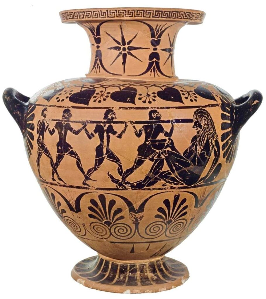 Dal Museo Nazionale Etrusco, Hydria con accecamento di Polifemo e inseguimento di Deianira e Nesso da parte di Eracle, Cerveteri, Necropoli della Banditaccia, tomba 1, 530-520 a C.

